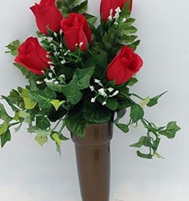 Product: Silk Red Rose Flowers and Crypt Mausoleum Vase with Disc Base Button for Epoxy