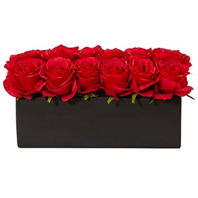 Product: Nearly Natural Dozen Silk Roses in Ceramic Rectangular Planter