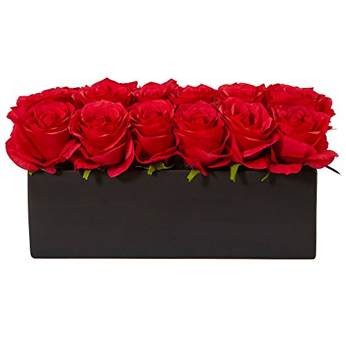 Nearly Natural Dozen Silk Roses in Ceramic Rectangular Planter - Artificial Flower Arrangements Product: Nearly Natural Dozen Silk Roses in Ceramic Rectangular Planter