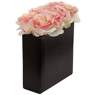 Product: Nearly Natural 1 Roses Silk Arrangement in 9" H Black Vase, Light Pink