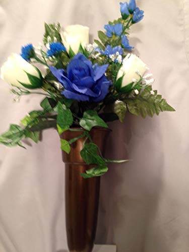 Silky Flower Store Memorial Mausoleum Vase Cream Rose Delphinium Silk Flower, Bolt Support Crypt Vase, 15in 8 8 Product: Memory Lane Memorials Crypt Mausoleum Vase & Cream Rose Delphinium Silk Flower w/Bolt Support