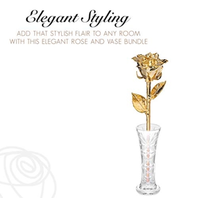 Silky Flower Store 24k Gold Dipped Real Rose Crystal Vase, Venus Rose Open Bud, Luxury Floral Decor, 12in, 6in 10 10 Product: Real Rose Dipped in 24k Gold w/Crystal Vase - Venus Rose (Open Bud)