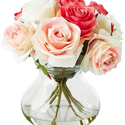 Silky Flower Store Artificial Rose Arrangement with Vase, Faux Water Decorative Floral Centerpiece, 11in x 11in 6 6 Product: Nearly Natural Rose Arrangement with Vase