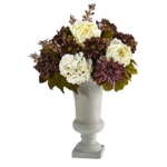Product: Nearly Natural 27in. Peony, Hydrangea and Dahlia Artificial Arrangement in Sand Colored Urn