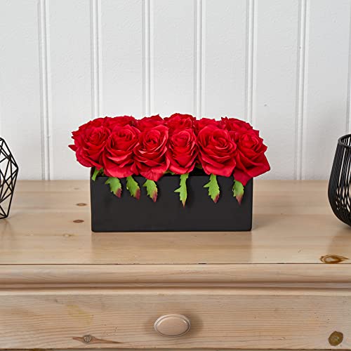 Silky Flower Store Silk Roses Ceramic Rectangular Planter, Artificial Floral Centerpiece, Black Planter, 6H x 12.5W x 6D 6 6 Product: Nearly Natural Dozen Silk Roses in Ceramic Rectangular Planter