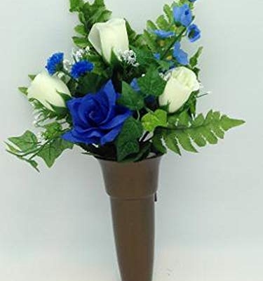 Product: Memory Lane Memorials Crypt Mausoleum Vase & Cream Rose Delphinium Silk Flower w/Bolt Support