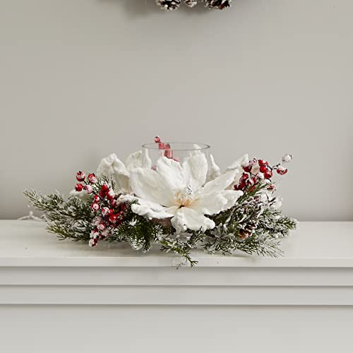 Silky Flower Store Artificial Magnolia Berry Candelabrum, Frosted Ivory Crimson Floral Arrangement, Decorative Candle Holder 32.5cm 3 3 Product: Nearly Natural Frosted Magnolia & Berry Artificial Arrangement Candelabrum