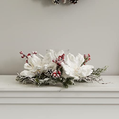 Silky Flower Store Artificial Magnolia Berry Candelabrum, Frosted Ivory Crimson Floral Arrangement, Decorative Candle Holder 32.5cm 11 11 Product: Nearly Natural Frosted Magnolia & Berry Artificial Arrangement Candelabrum