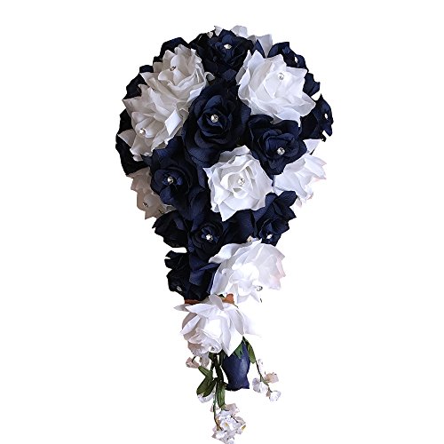 Product: Angel Isabella Cascade Bouquet-Navy Blue White Artificial Roses with Rhinestone