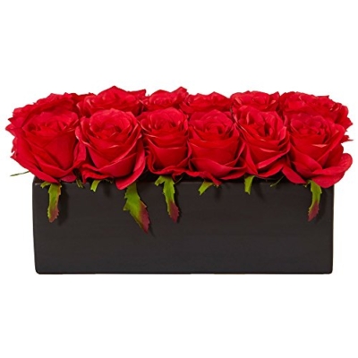 Silky Flower Store Silk Roses Ceramic Rectangular Planter, Artificial Floral Centerpiece, Black Planter, 6H x 12.5W x 6D 11 11 Product: Nearly Natural Dozen Silk Roses in Ceramic Rectangular Planter