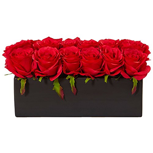 Silky Flower Store Silk Roses Ceramic Rectangular Planter, Artificial Floral Centerpiece, Black Planter, 6H x 12.5W x 6D 3 3 Product: Nearly Natural Dozen Silk Roses in Ceramic Rectangular Planter