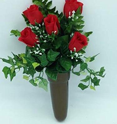 Silky Flower Store Silk Red Rose Flowers, Crypt Mausoleum Vase with Disc Base Button for Epoxy, 15in 17 17 Product: Silk Red Rose Flowers and Crypt Mausoleum Vase with Disc Base Button for Epoxy