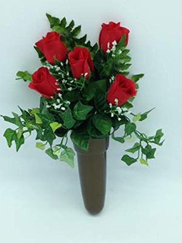 Silky Flower Store Silk Red Rose Flowers, Crypt Mausoleum Vase with Disc Base Button for Epoxy, 15in 8 8 Product: Silk Red Rose Flowers and Crypt Mausoleum Vase with Disc Base Button for Epoxy