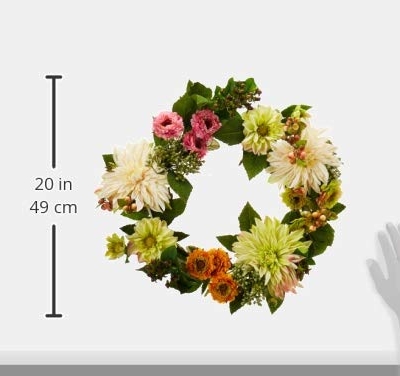 Silky Flower Store Artificial Dahlia Mum Wreath, Pink Orange Green Floral Door Decor, 22in. 11 11 Product: Nearly Natural 22in. Artificial Dahlia and Mum Wreath