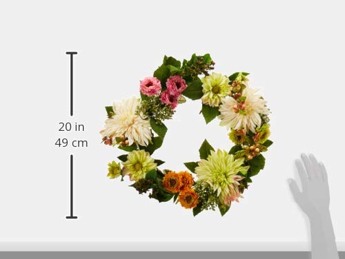 Silky Flower Store Artificial Dahlia Mum Wreath, Pink Orange Green Floral Door Decor, 22in. 5 5 Product: Nearly Natural 22in. Artificial Dahlia and Mum Wreath
