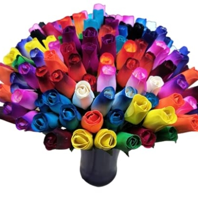 Product: 144 Individual Wooden Roses of Assorted Colors. Reds, Blues, Greens, Yellows, Pinks, Black, White, and Lots More Colors are Included.