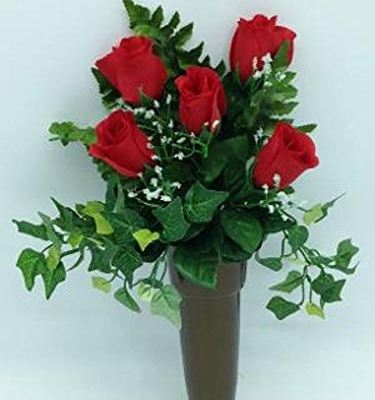 Silky Flower Store Silk Red Rose Flowers, Crypt Mausoleum Vase with Disc Base Button for Epoxy, 15in 16 16 Product: Silk Red Rose Flowers and Crypt Mausoleum Vase with Disc Base Button for Epoxy