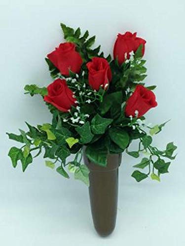 Silky Flower Store Silk Red Rose Flowers, Crypt Mausoleum Vase with Disc Base Button for Epoxy, 15in 7 7 Product: Silk Red Rose Flowers and Crypt Mausoleum Vase with Disc Base Button for Epoxy