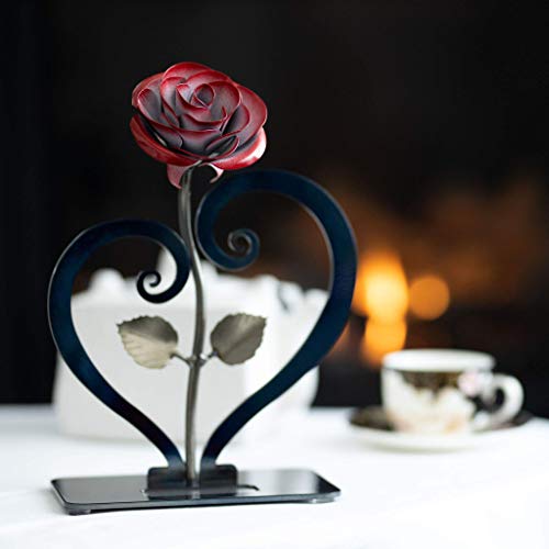 Product: Gift Hand-Forged Wrought Iron Red Metal Rose with Heart - Shaped Stand - Iron Anniversary Gift