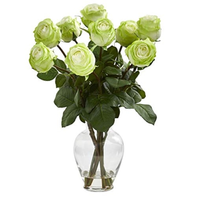 Product: Nearly Natural 19” Rose Artificial Glass Vase Silk Arrangements, Green