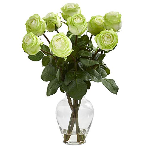 Nearly Natural 19” Rose Artificial Glass Vase Silk Arrangements, Green - Artificial Flower Arrangements Product: Nearly Natural 19” Rose Artificial Glass Vase Silk Arrangements, Green