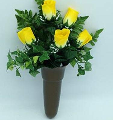 Silky Flower Store Artificial Yellow Rose Silk Flower Arrangement, Crypt Mausoleum Vase, Indoor Faux Floral Decor, 15in 16 16 Product: Crypt Mausoleum Vase & Yellow Rose Silk Flowers with Button Bolt Support