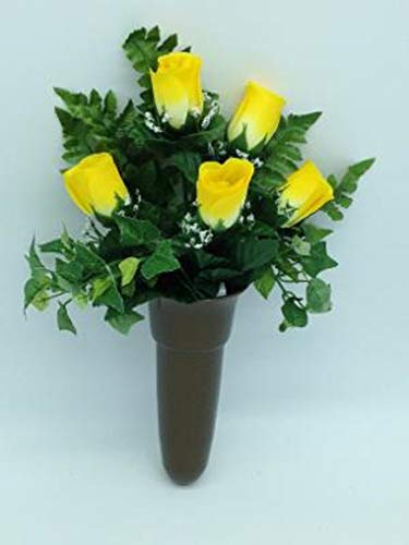 Silky Flower Store Artificial Yellow Rose Silk Flower Arrangement, Crypt Mausoleum Vase, Indoor Faux Floral Decor, 15in 7 7 Product: Crypt Mausoleum Vase & Yellow Rose Silk Flowers with Button Bolt Support