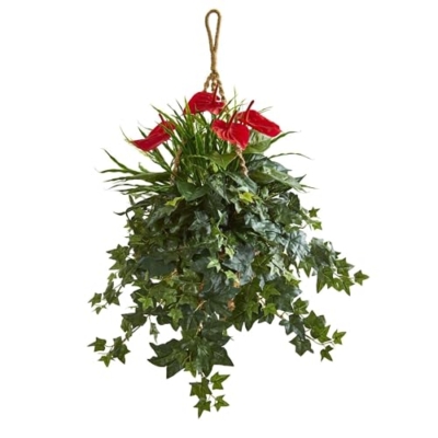 Product: Nearly Natural 31-in. Mixed Anthurium Artificial Hanging Basket Silk Plants Green