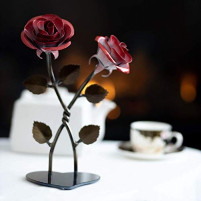 Silky Flower Store Hand-Forged Wrought Iron Double Red Metal Rose Twist Iron Anniversary Gift, Blacksmith Quebec, 8.5in 14 14 Product: Hand-Forged Wrought Iron Double Red Metal Rose with Twist - Iron Anniversary gift