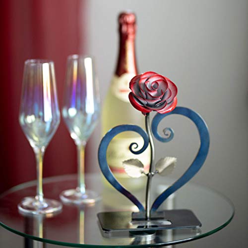 Product: Gift Hand-Forged Wrought Iron Red Metal Rose with Heart - Shaped Stand - Iron Anniversary Gift
