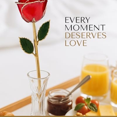Product: Forever Rose Real Red Rose Dipped in 24K Gold with Gold-Trimmed Petals and Stem, Handcrafted Preserved Rose in Luxury Gift Box, Romantic Gift for Her