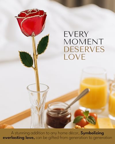 Product: Forever Rose Real Red Rose Dipped in 24K Gold with Gold-Trimmed Petals and Stem, Handcrafted Preserved Rose in Luxury Gift Box, Romantic Gift for Her