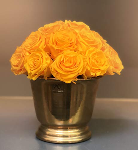 Everlasting Yellow Roses in a ECRI Gold Hand-Made Pot - Artificial Flower Arrangements Product: Everlasting Yellow Roses in a ECRI Gold Hand-Made Pot