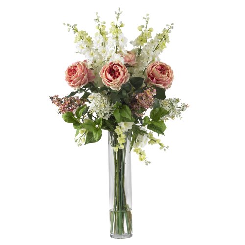 Product: Nearly Natural Rose, Delphinium and Lilac Silk Flower Arrangement