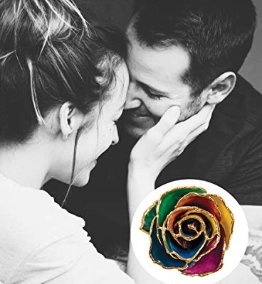 Silky Flower Store Preserved Real Rose 24K Gold Trim Gift Box, Long Stem Rainbow Rose Decorative Keepsake, 11-12in 10 10 Product: Long Stem Dipped 24K Gold Trim Rainbow Genuine Rose in Gift Box- El tallo Largo sumergió 24K Gold Trim Rainbow Rose genuina en caja de Regalo