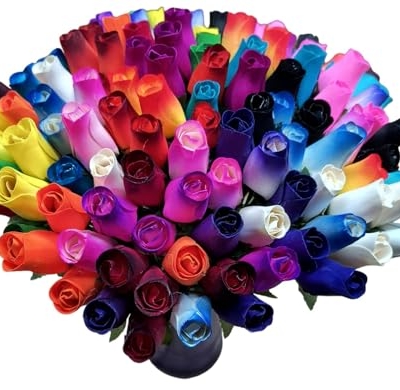 Product: 144 Individual Wooden Roses of Assorted Colors. Reds, Blues, Greens, Yellows, Pinks, Black, White, and Lots More Colors are Included.