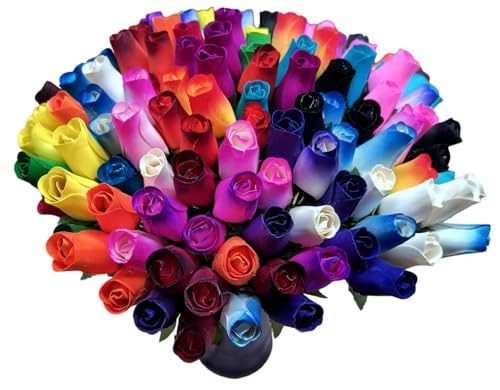 Product: 144 Individual Wooden Roses of Assorted Colors. Reds, Blues, Greens, Yellows, Pinks, Black, White, and Lots More Colors are Included.