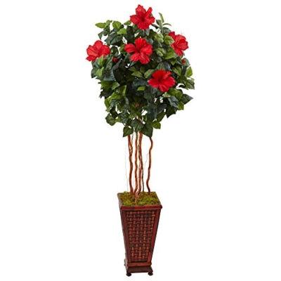 Product: Nearly Natural 5ft. Hibiscus Artificial Tree in Decorated Wooden Planter
