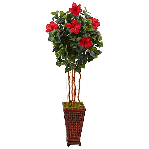 Product: Nearly Natural 5ft. Hibiscus Artificial Tree in Decorated Wooden Planter