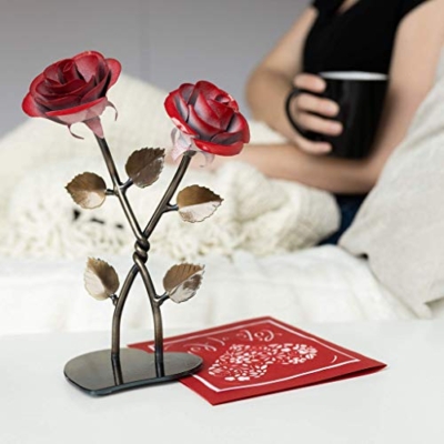Silky Flower Store Hand-Forged Wrought Iron Double Red Metal Rose Twist Iron Anniversary Gift, Blacksmith Quebec, 8.5in 15 15 Product: Hand-Forged Wrought Iron Double Red Metal Rose with Twist - Iron Anniversary gift