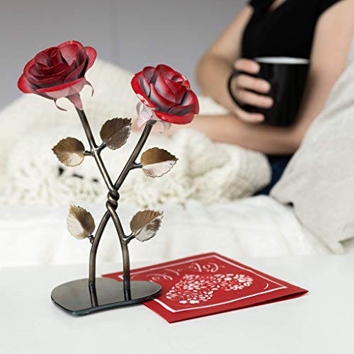 Silky Flower Store Hand-Forged Wrought Iron Double Red Metal Rose Twist Iron Anniversary Gift, Blacksmith Quebec, 8.5in 6 6 Product: Hand-Forged Wrought Iron Double Red Metal Rose with Twist - Iron Anniversary gift