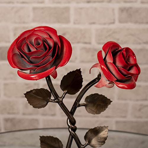 Silky Flower Store Hand-Forged Wrought Iron Double Red Metal Rose Twist Iron Anniversary Gift, Blacksmith Quebec, 8.5in 1 1 Product: Hand-Forged Wrought Iron Double Red Metal Rose with Twist - Iron Anniversary gift