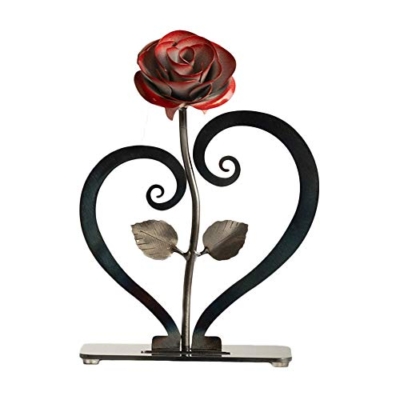 Product: Gift Hand-Forged Wrought Iron Red Metal Rose with Heart - Shaped Stand - Iron Anniversary Gift
