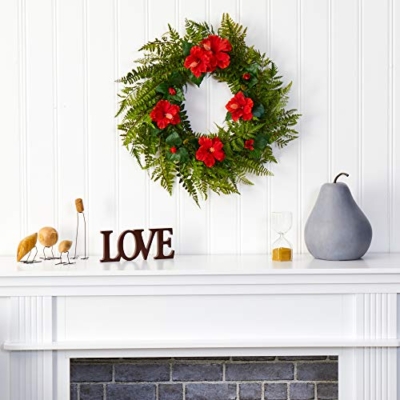 Silky Flower Store Artificial Fern Hibiscus Wreath, Faux Green Floral Door Wreath, Home Decor, 24in 5 5 Product: 24in. Mixed Fern and Hibiscus Artificial Wreath