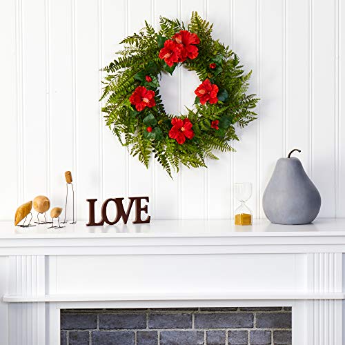 Silky Flower Store Artificial Fern Hibiscus Wreath, Faux Green Floral Door Wreath, Home Decor, 24in 2 2 Product: 24in. Mixed Fern and Hibiscus Artificial Wreath