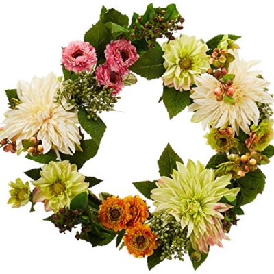 Product: Nearly Natural 22in. Artificial Dahlia and Mum Wreath
