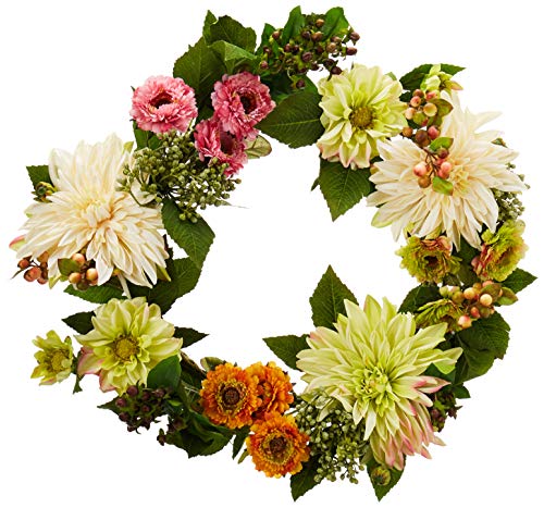 Nearly Natural 22in. Artificial Dahlia and Mum Wreath - Artificial Flower Arrangements Product: Nearly Natural 22in. Artificial Dahlia and Mum Wreath