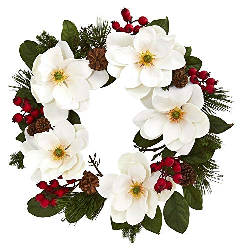 Product: Nearly Natural 4195 26" Magnolia, Pine & Berries Wreath White