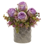 Product: Nearly Natural 11” Roses and Eucalyptus Artificial Designer Vase Silk Arrangements, Purple