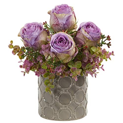 Product: Nearly Natural 11” Roses and Eucalyptus Artificial Designer Vase Silk Arrangements, Purple